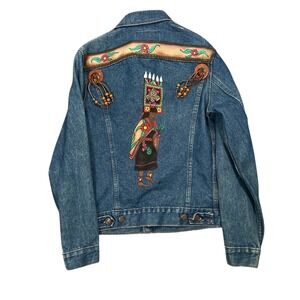 Levi's Denim Jacket Men 34R Blue Custom Painted Native American Art 70506-0214